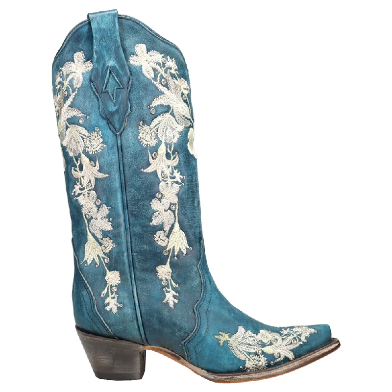 Studded Floral Snip Toe Cowboy Boots