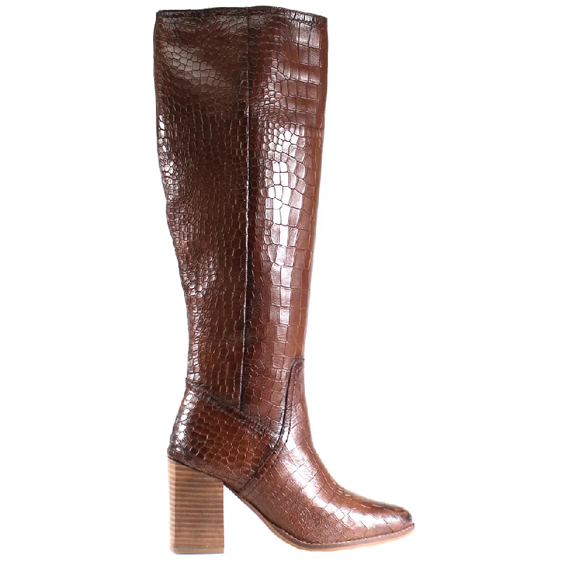 True Do Crocodile Pointed Toe Knee High Zippered Boots