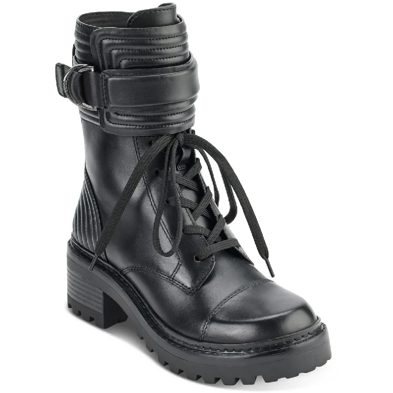 DKNY Womens Basia Leather Combat & Lace-up Boots