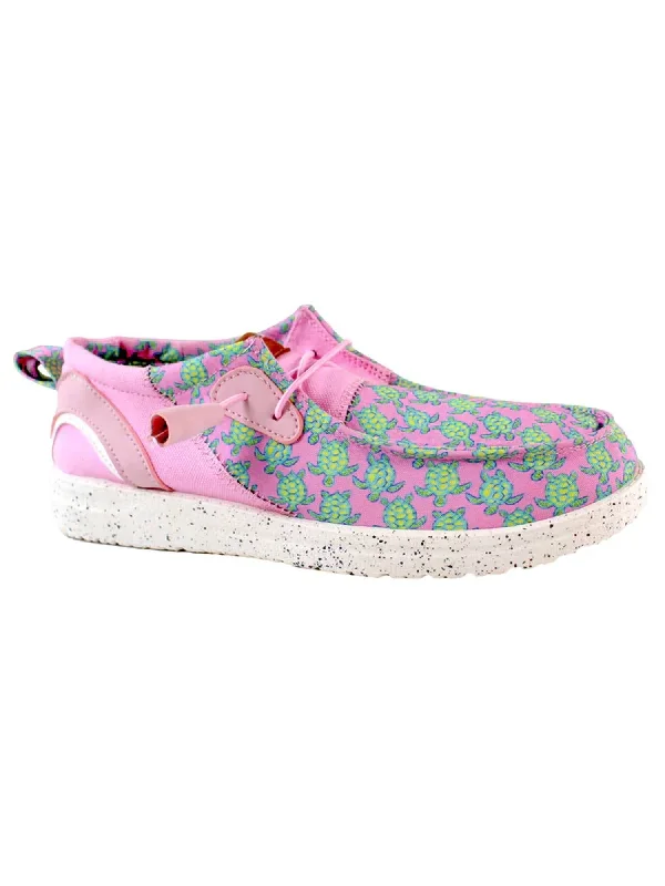 Women's Slip On Shoes In Pink Background With Green Turtles