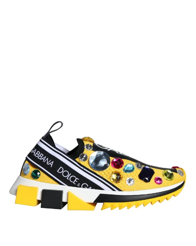 Dolce & Gabbana  Portofino Crystal Embellished Knit Sneakers - Yellow