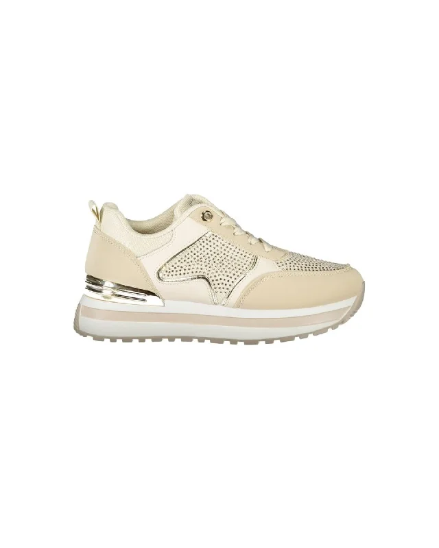 Laura Biagiotti  Women's Beige Rhinestone Platform Sneakers     Casual Beige Sneakers with Gold Accents    Women's Platform Sneakers - Beige -