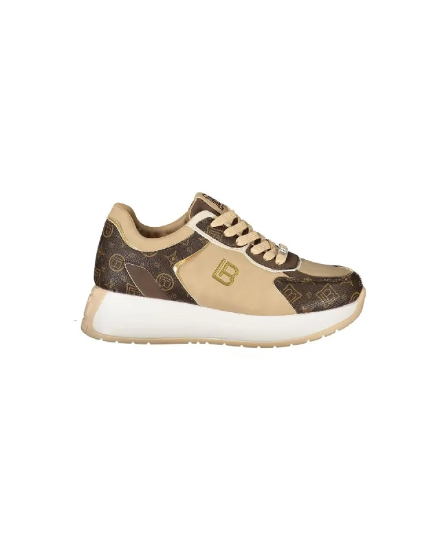 Laura Biagiotti  Women's Casual Beige and Brown Monogram Sneakers   Women's Fashion Sneakers - Beige/Brown  Women's Beige Brown Monogram Pattern Sneakers by