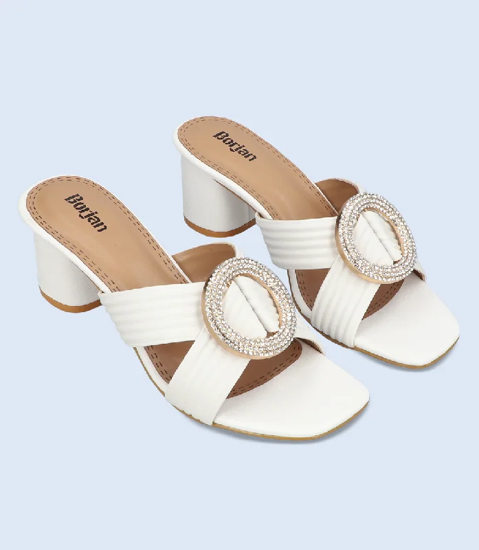 BW9363-WHITE-Women Casual Slipper Heels