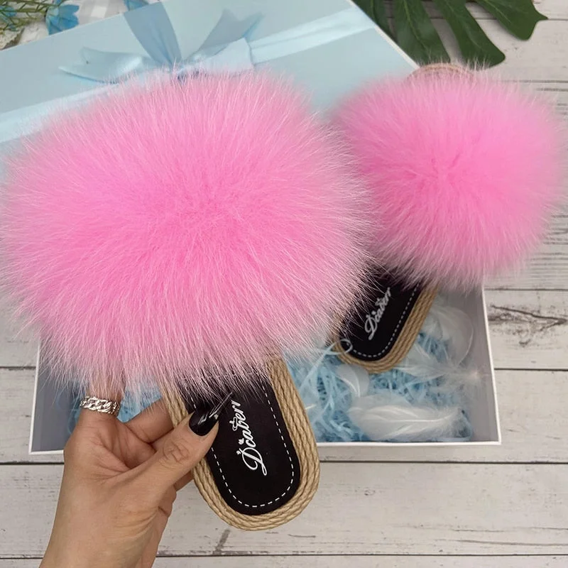 Pink Real Fur Synthetic Straw Natural Fox Flip Flop Sandals for Women