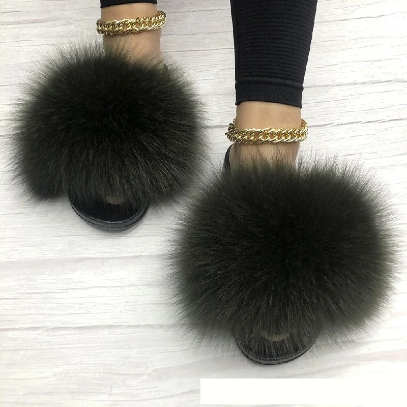 Women's Army Green Summer Sexy Fox Fur Fluffy House Slippers