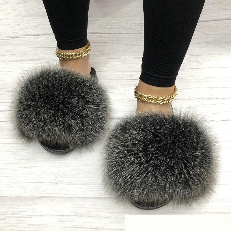 Women's Black Frost Summer Sexy Fox Big Fur Fluffy House Slippers