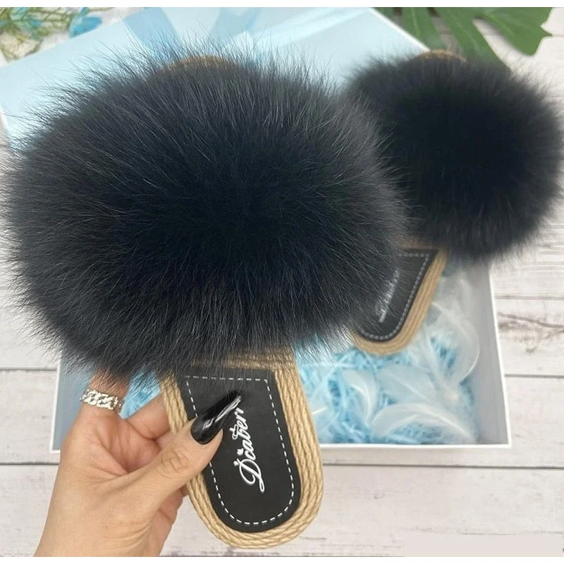 Women's Black Real Fur Synthetic Straw Natural Fox Flip Flops Flat Sandals