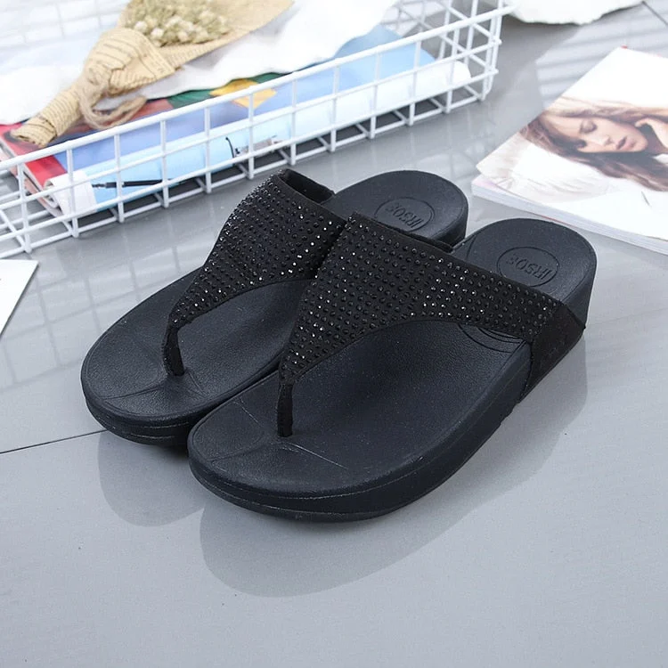 Women's Black Summer Fashion Crystal Diamond Gem Flat Slippers