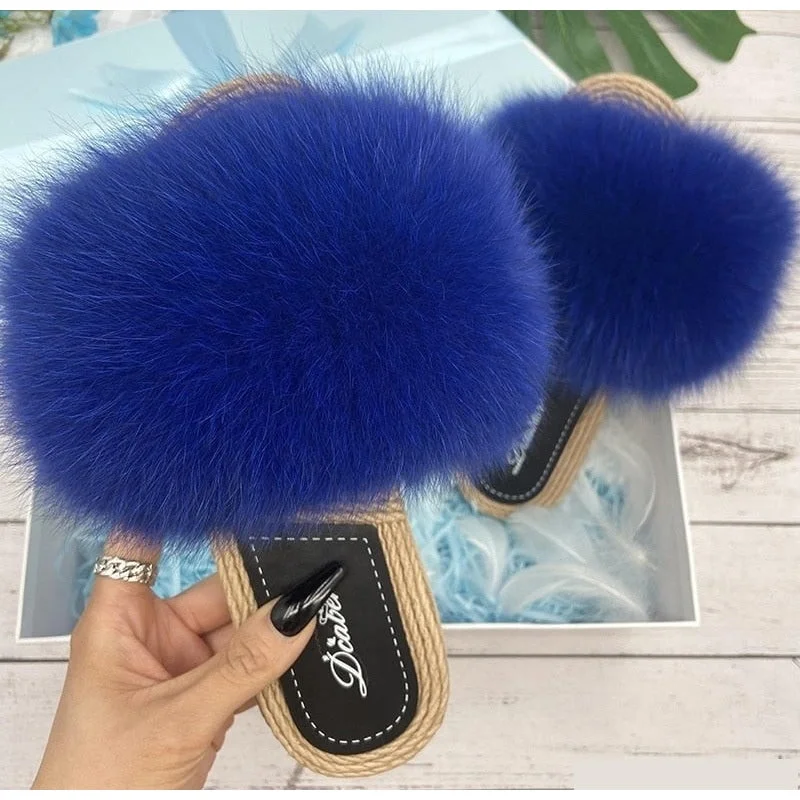 Women's Blue Real Fur Synthetic Straw Natural Fox Flip Flops Flat Sandals