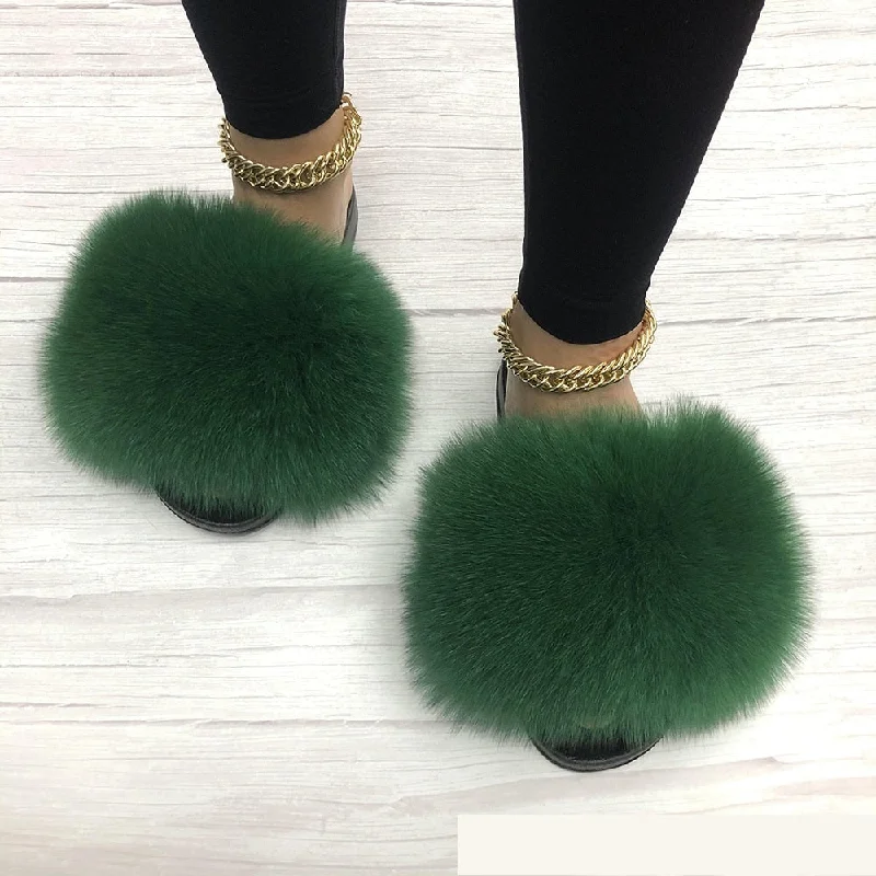 Women's Dark Green Summer Slides Fox Big Fur Fluffy House Slippers