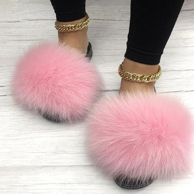 Women's Light Pink Summer Big Fluffy Real Fox Fur House Slippers