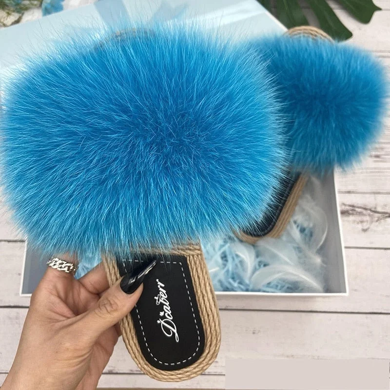 Women's Natural Raccoon Synthetic Fur Flat Flip Flop Straw House Slippers