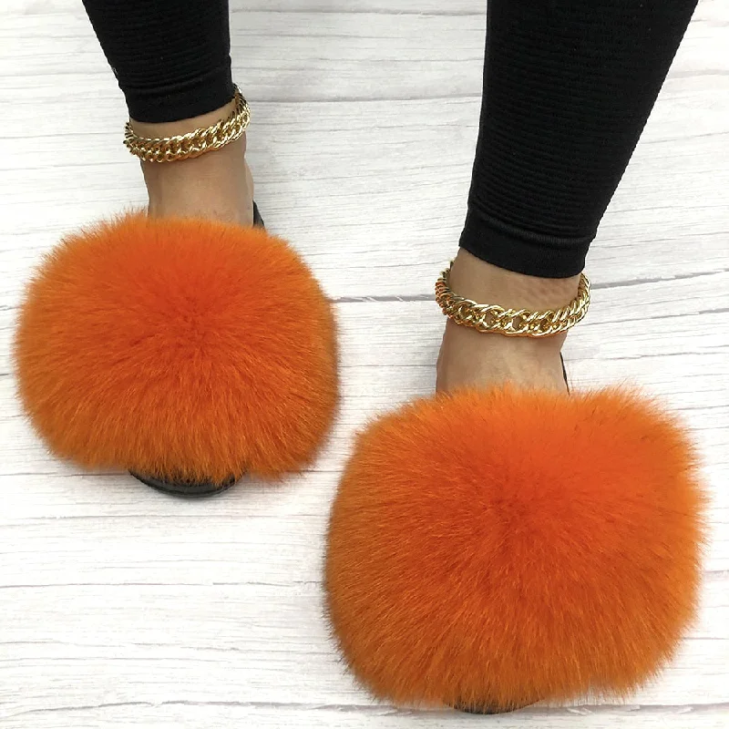 Women's Orange Summer Big Fluffy Real Fox Fur House Slippers