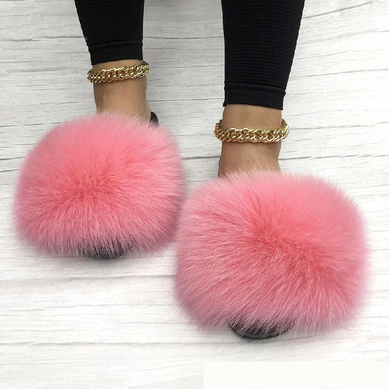 Women's Pink Summer Big Fluffy Real Fox Fur Flip Flops House Slippers