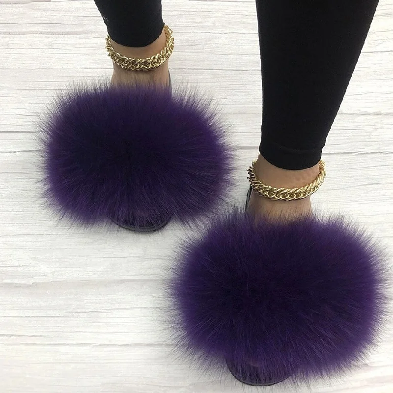 Women's Purple Summer Big Fluffy Real Fox Fur Flip Flops House Slippers