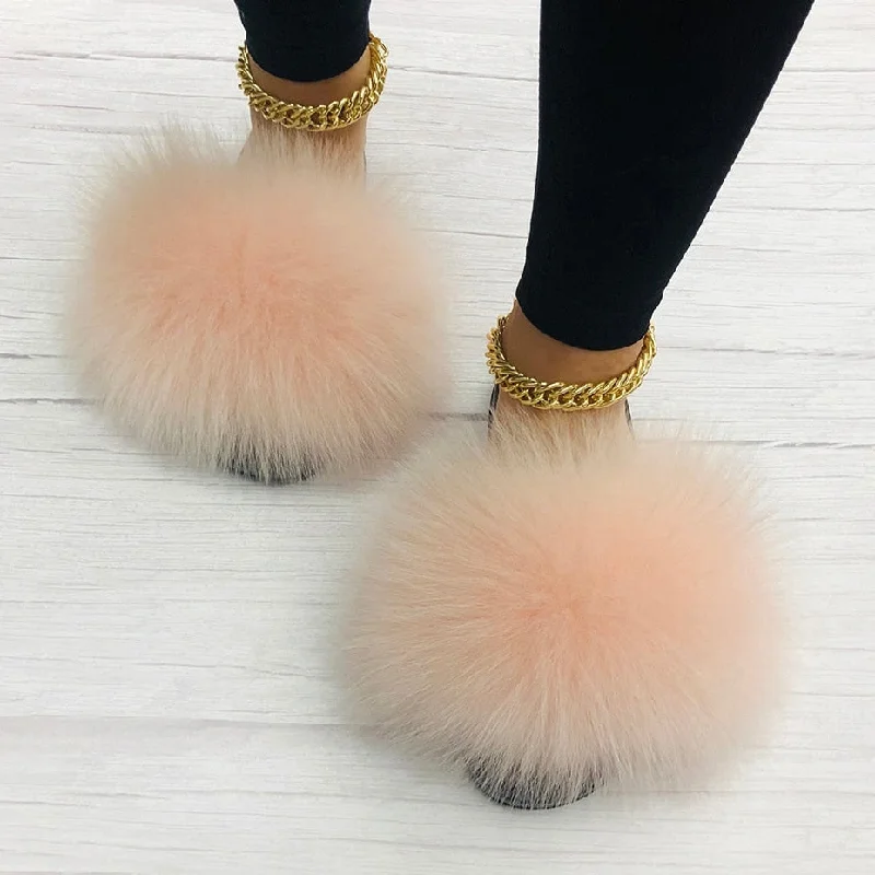 Women's Rubber Powder Summer Big Fluffy Real Fox Fur House Slippers