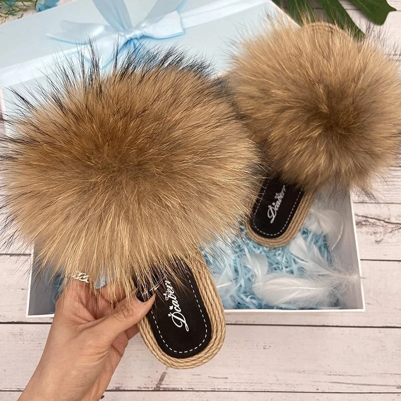 Women's Sexy Raccoon Real Fur Synthetic Straw Flat Flip-Flop Slippers