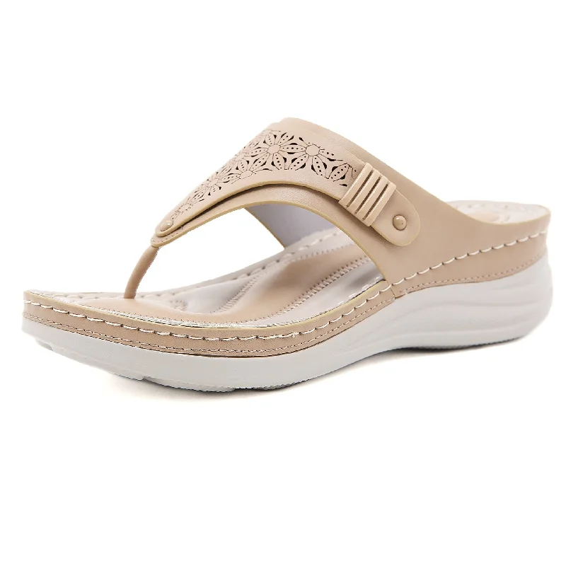 Women's Summer Beige Leisure Style Solid Pattern Flat Flip-Flop Slippers