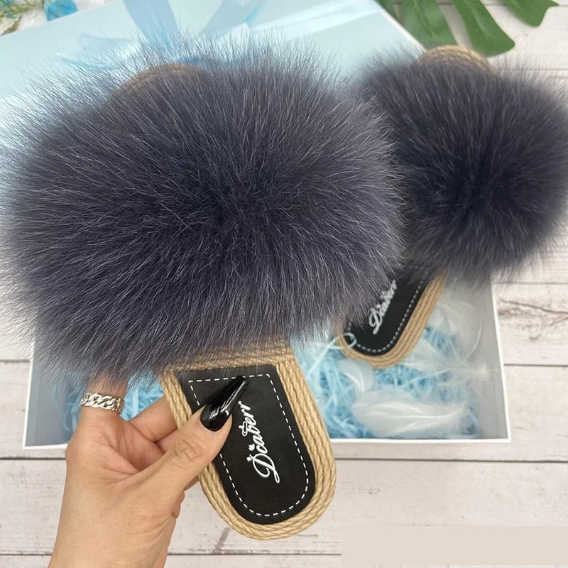 Women's Summer Natural Raccoon Fur Slides Flip Flop Indoor Slippers