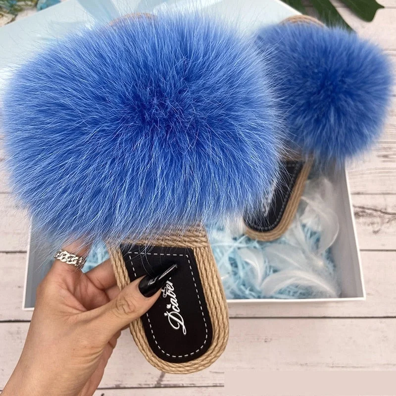 Women's Summer Raccoon Real Fur synthetic Straw Flip Flop House Slippers