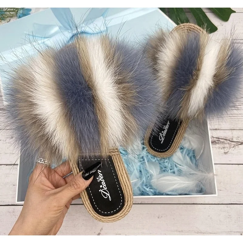 Women's Summer Real Fur Synthetic Straw Natural Fox Flip Flops Flat Sandals