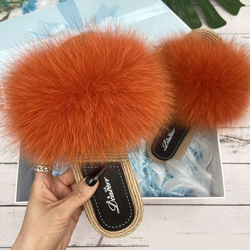 Women's Summer synthetic Straw Natural Fox Fur Flip Flop Fluffy Slippers